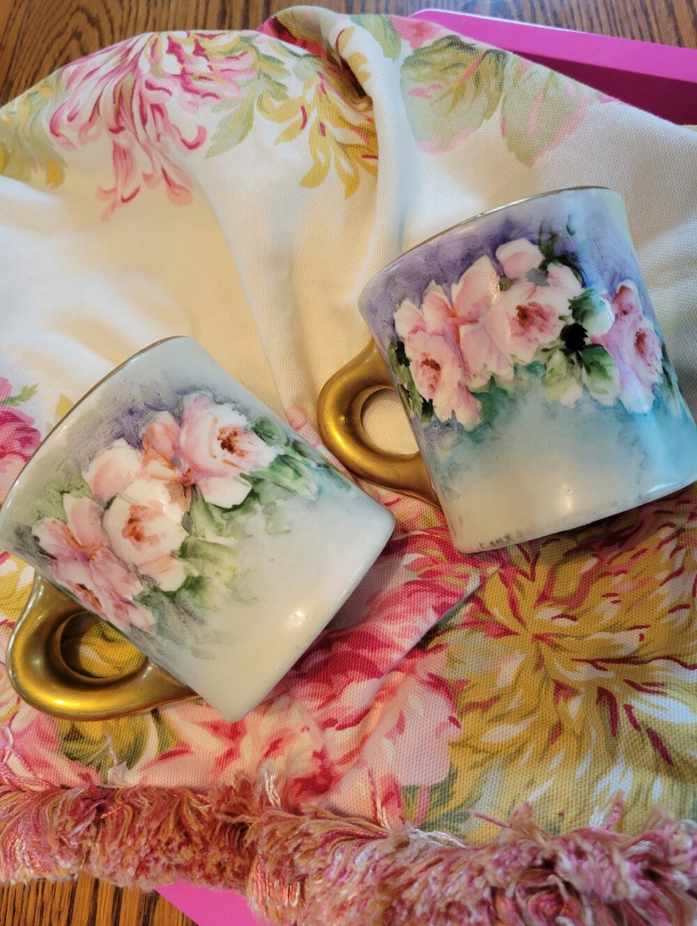 Vintage Hand-Painted Floral Ceramic Mugs Gold Paint Trim Shabby Chic Victorian